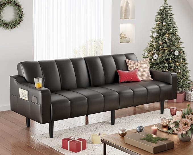 80'' Futon Sofa BedFaux Leather Futon Sleeper Sofa Convertible Loveseat with Adjustable Sofa BackrestModern Couches for Living Room Bedroom Apartment Office (Black)