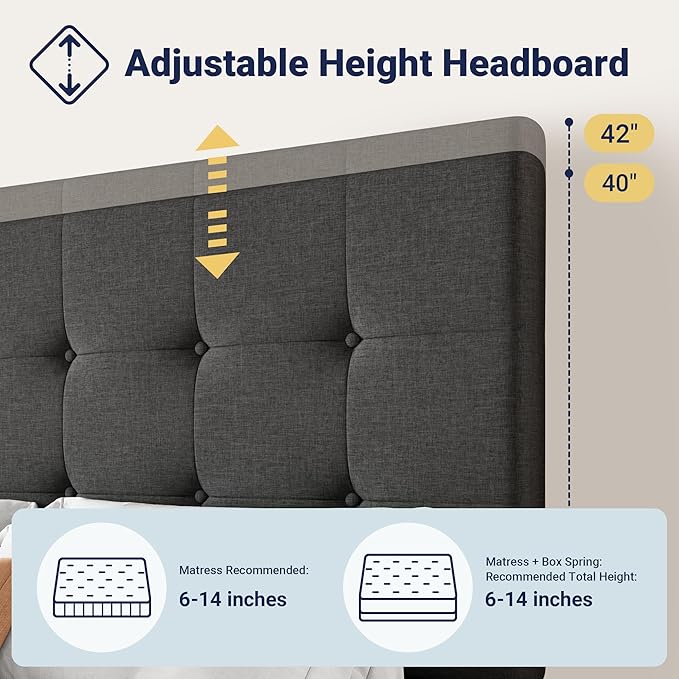 Allewie Upholstered Queen Size Platform Bed Frame with 4 Storage Drawers and Headboard Square Stitched Button Tufted Mattress Foundation with Wooden Slats Support No Box Spring Needed Dark Grey