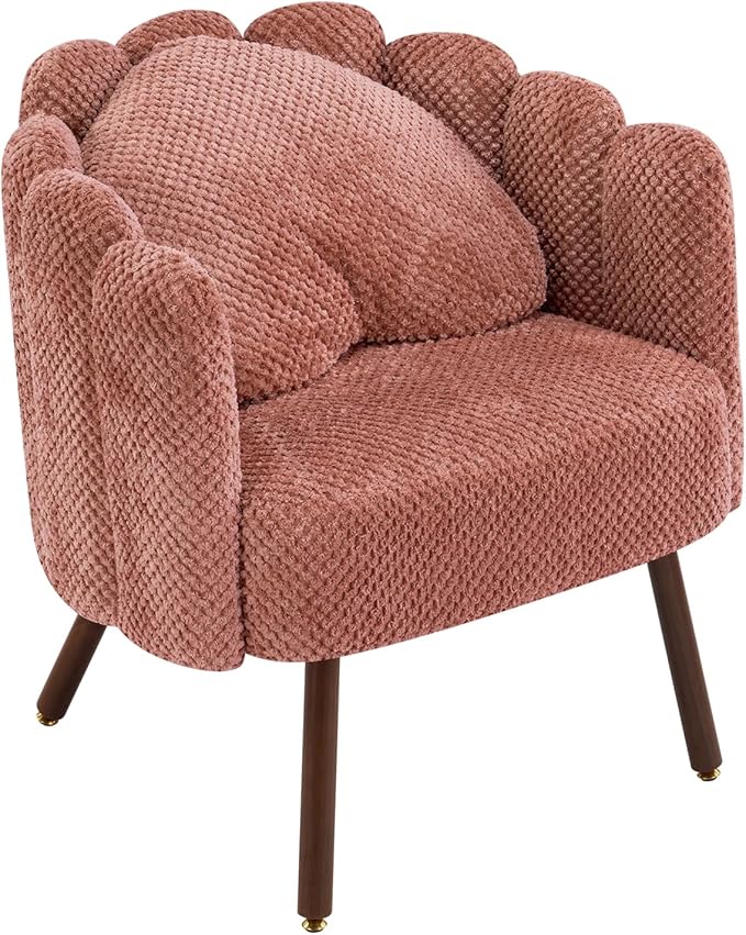 Furniliving Pink Vanity Chair Velvet Accent Chair for Living Room Shell Chairs with Wooden Legs Makeup Chair for Bedroom Armchair Cute Petal Reading Chair with Pillow