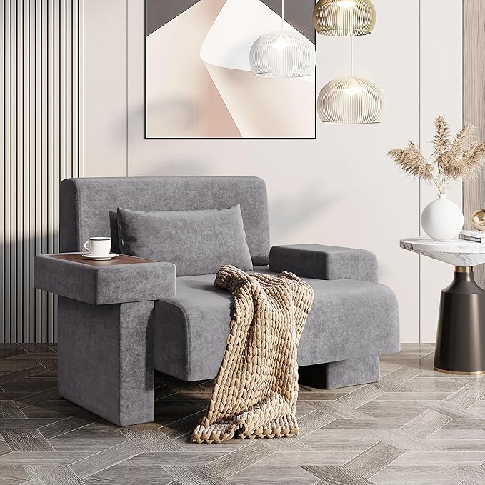 Modern 48'' Wide Oversized Armchair Mid-Century Accent Chair with Pillow Upholstered Sturdy Wood Frame &amp Soft Cushion for Living Room Asymmetrical Armrest Design (Gray+Polyester)