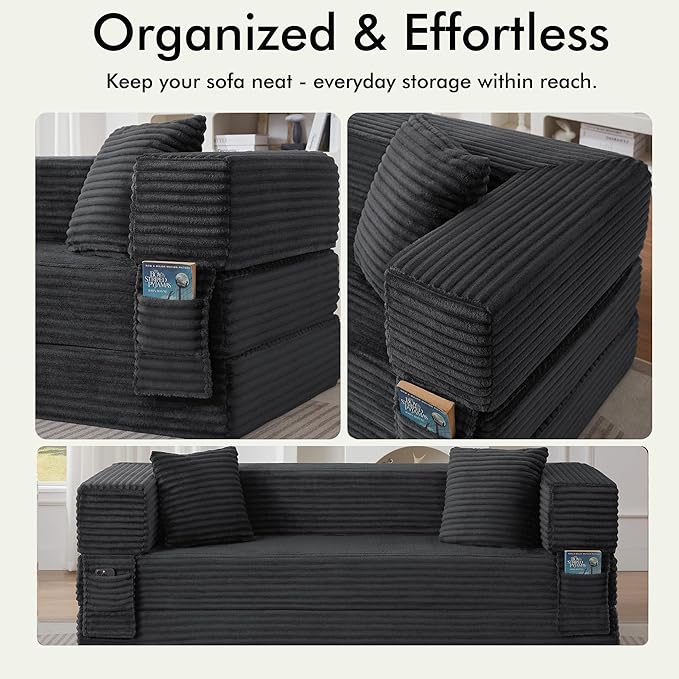 78.8 Convertible Sofa BedFuton Boneless CouchFolding Pull Out Futon Sofa (Deep Gray) | Convert to bed Storage Pocket No Assembly Corduroy Fabric Family size Ease of assembly