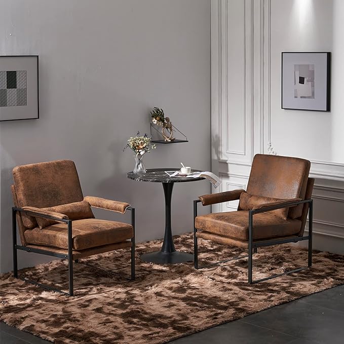 Karl home Mid-Century Accent Chair Bronzing Cloth Arm Chair with Metal Legs Thick Padded Sofa Chair Lounge Chair with Pillow for Living Room Bedroom Belcony Bronzing Brown