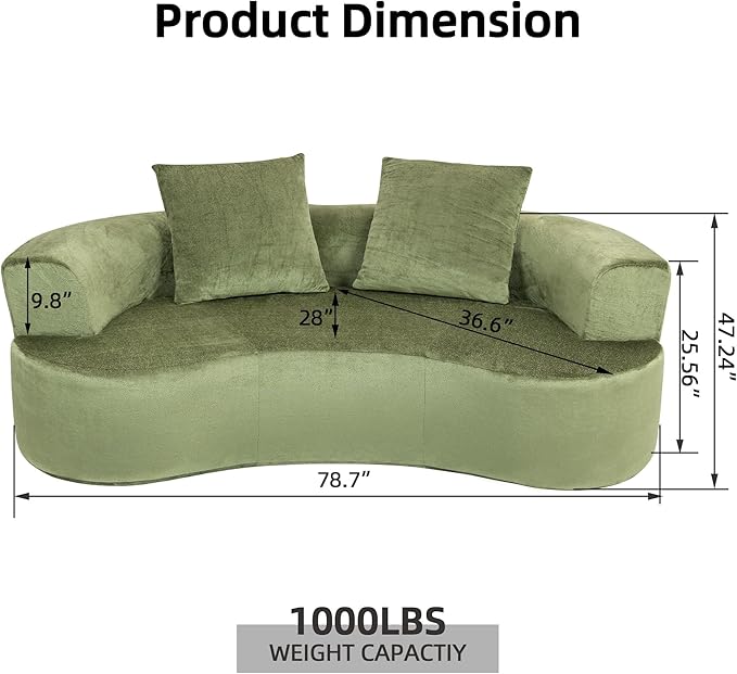 DYHOME Curved Loveseat Cloud Couch 79 Green Modern Curved Couch Sofa for Living Room Chenille Cloud Sectional Sofa with 2 Pillows for Small Spaces Wide Armrest &amp Memory Foam No Assembly Requi