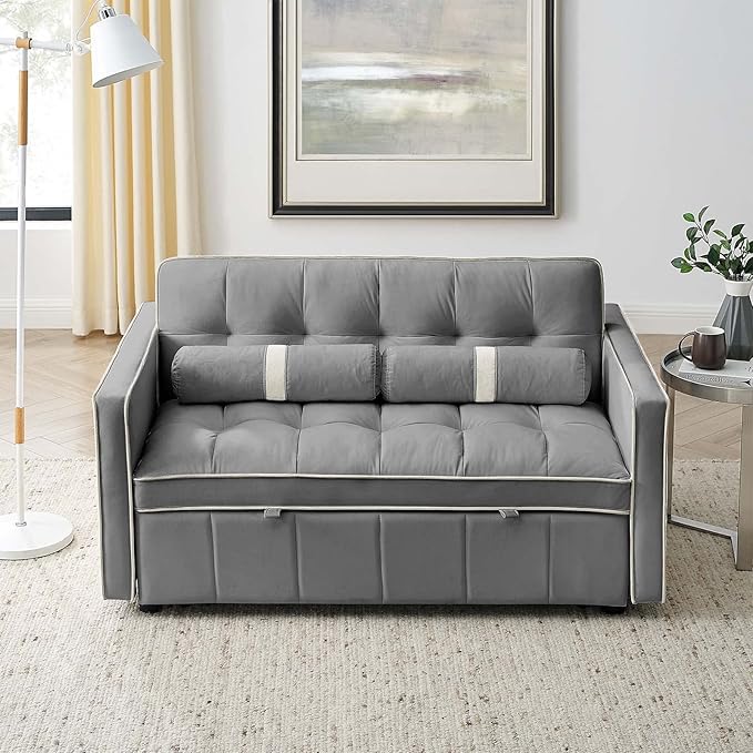 Sleeper Sofa Couch w/Pull Out Bed 55 New Upgraded Tufted Velvet Convertible Sleeper Couch Bed Small Love seat Sofa w/ 2 Pillows for Small Space Living Room Apartment Beige
