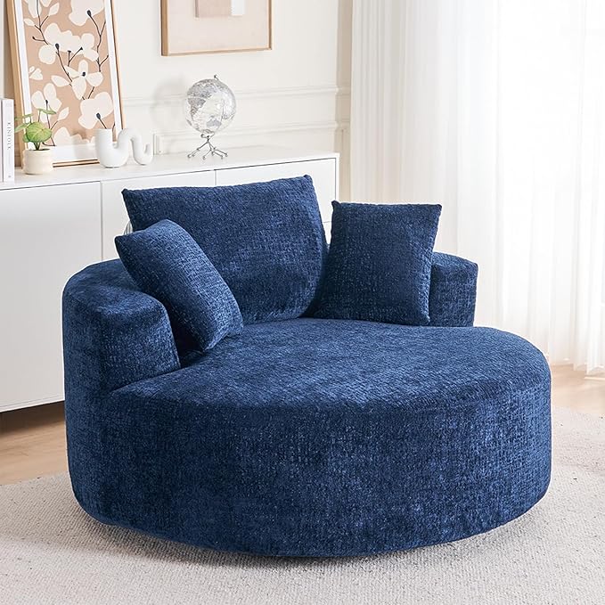 54.5 Blue Oversized Swivel Barrel Chair - Chenille Comfy Modern Sofa Chair Fluffy Upholstered Round Accent Chair Cloud Lounge Armchair with 3 Pillows for Living Room Apartment