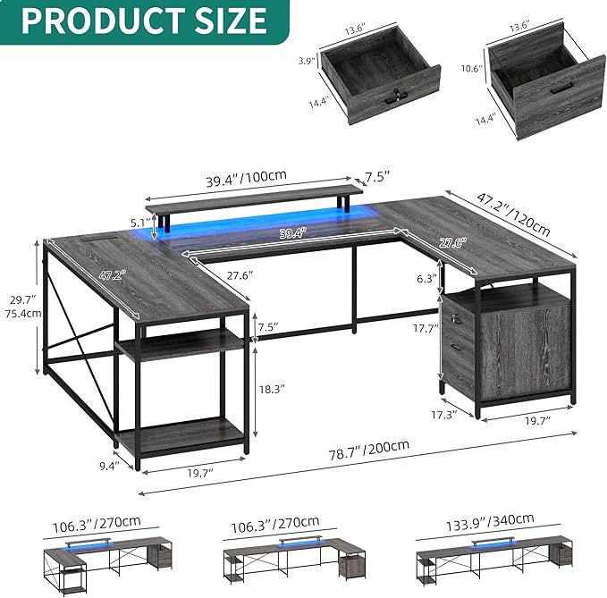 YITAHOME U Shaped Desk with Power Outlets &amp LED Lights 79 Reversible L Shaped Desk with Drawers Corner Computer Desk Office Desk with Monitor Stand &amp Storage Shelves Grey