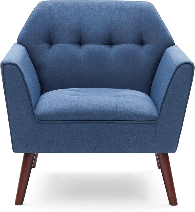 Kingfun Accent Chairs for Bedroom Midcentury Modern Living Room Accent Arm Chair Linen Fabric Comfy Reading Chair Tufted Sofa Chair Blue