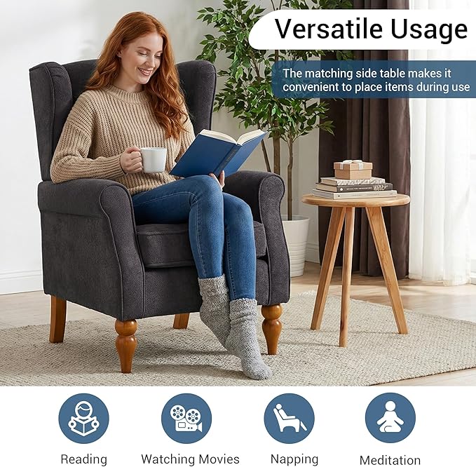 High Back Wingback Accent Chair Modern Upholstered Armchair Comfy Reading Chair with Solid Wood Legs for Living Room Bedroom Library Dark Grey