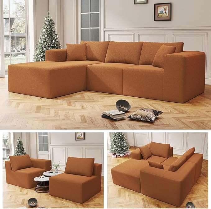 108 Cloud Sectional Couch with L-Shape Chaise Boneless Couch 4 Seat Modern Modular Sofa Deep Seat Pillows Memory Foam Upholstered Couches for Living Room Bedroom Relaxation Teddy Fabric