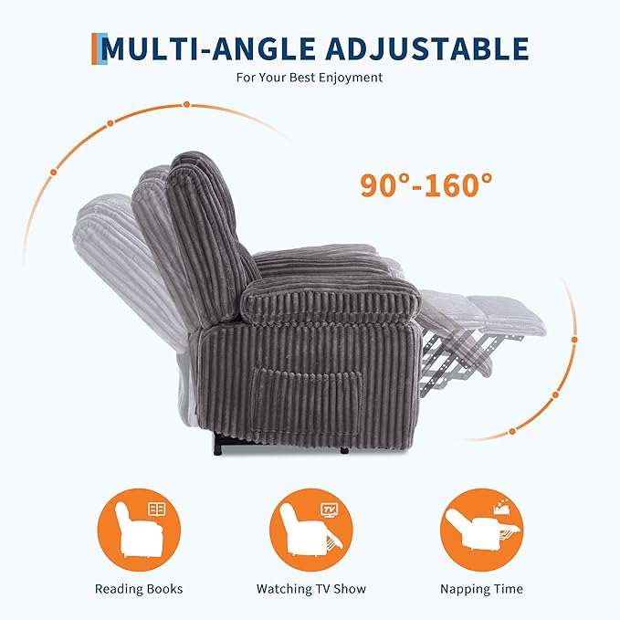 Garvee Corduroy Recliner Chair Manual Recliner Sofa with Handle Pillow Top Arms Thick Padding Side Pocket 330Lbs Capacity Adjustable Recliner for Living Room Bedroom Home Theater Dark Gray