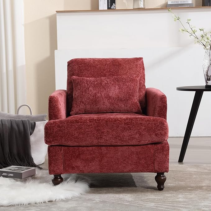 Mid Century Modern Accent ChairsChenille Upholstered Armchair with Rubber Wooden LegsComfy Reading Chairs with Scooped Arms for Living RoomBedroom (Wine Red)