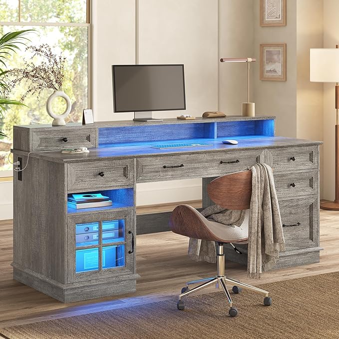 Farmhouse Executive Desk with Drawers Computer Desk with File Drawers Power Outlet and Led Lights Executive Office Desk with Storage Cabinet and Monitor Shelf for Home Office Grey