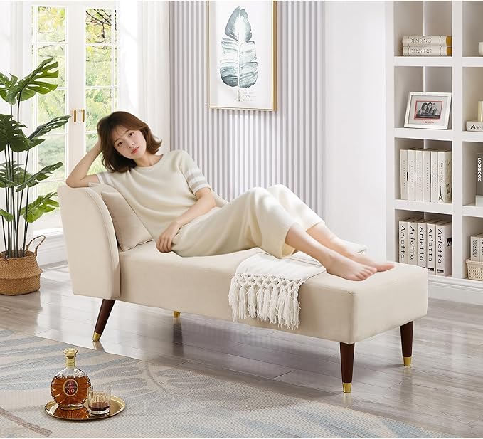 58 Modern Velvet Sofa Chaise with Tilted Backrest Comfortable Luxurious Lounge Chair with Curved Armrests Stylish Sofa Couch with Solid Wood Legs for Study Room Apartment Bedroom Living Room Beige