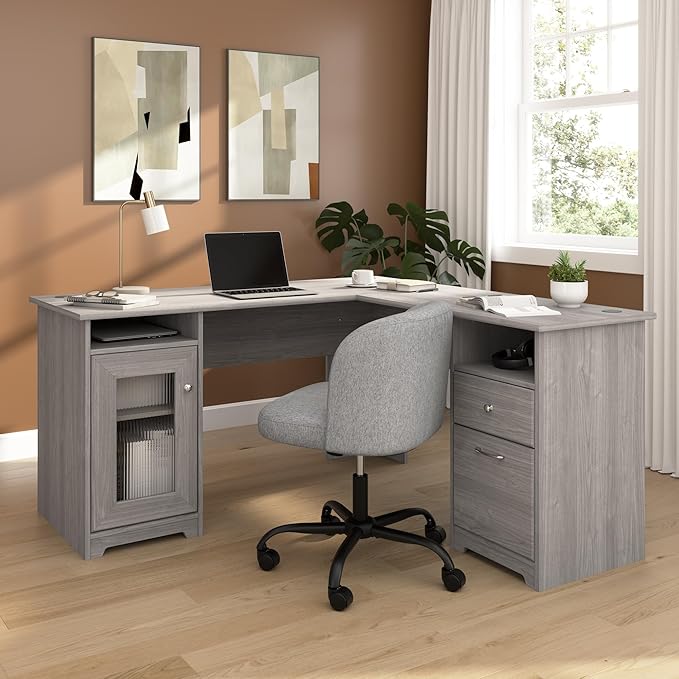 Bush Home Cabot 60W L Shaped Computer Desk with Storage in Modern Gray 60-inch Corner Table with Drawers for Home Office Workspace
