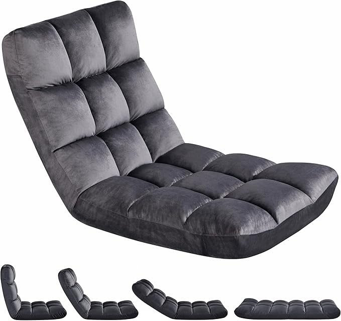 Yaheetech Floor Folding Chair with Back Support Padded Folding Gaming Sofa Chair with 14 Adjustable Backrest Adults Couch Recliner Floor Seating Lounge Chair Armless Meditation Chair Gray