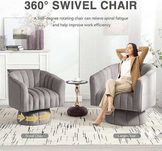YSICK Swivel Accent Chair 360°Swivel Barrel Chair Modern Ottoman with Velvet Fabric Mid-Century Ottoman with Wide Upholstered Round Armchair for Living Room Lounge BedroomGrey