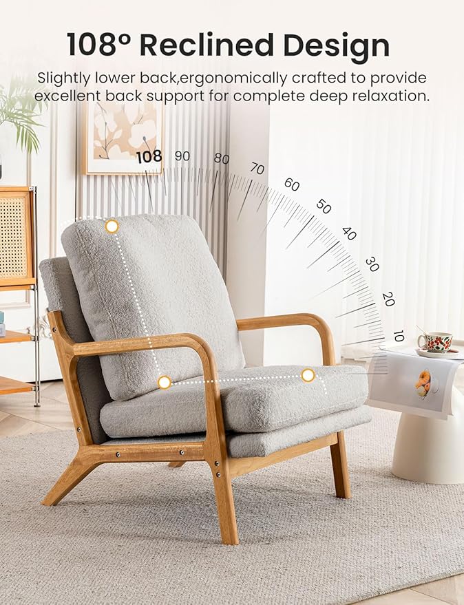 Mid Century Modern Accent Chairs for Living Room 23” Wide Comfy Chair for Bedroom Small Cozy Sherpa Reading Chairs for Adults 108° Lounge Arm Chair Indoor with Detachable Cover 5.5 Foam Cushion