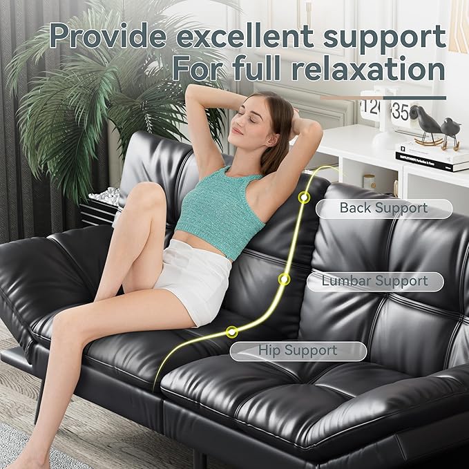 Futon Sofa Bed Convertible Couch Black Faux Leather Sofa Bed with Memory Foam Adjustable Backrest &amp Armrests Multifunctional Small Loveseat Sleeper Sofa for Living Room Apartment Office