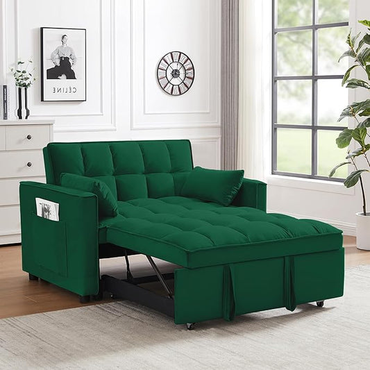 Sleeper Sofa Bed55 Inch Convertible 3-in-1 Pull Out Bed with Side Pockets Velvet Fabric Loveseat Sleeper Sofa with Adjustable Backrest for Living RoomBedroomApartment and Small Space(Green)