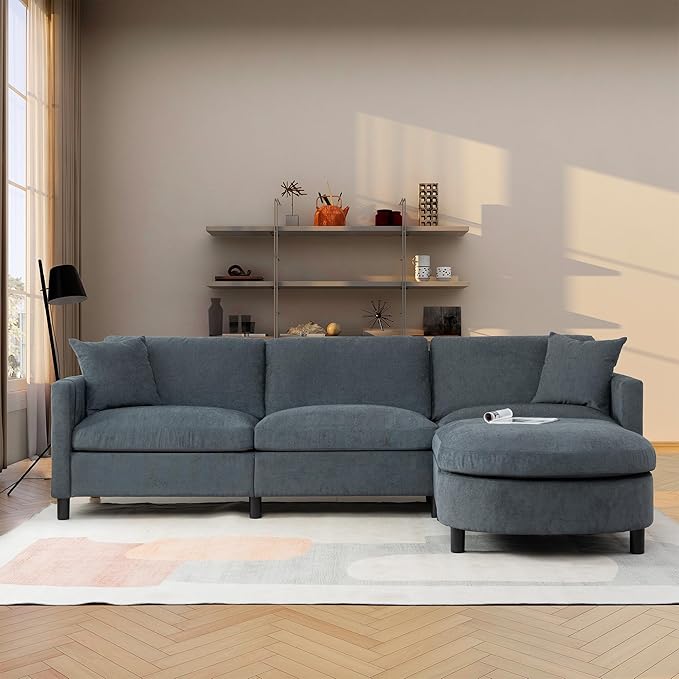 kevinplus 107.87'' Sectional Sofa Couch with Curved Convertible Ottoman for Living Room Modern 3-Seat L-Shaped Upholstered Sectional Couch Sofa for Apartment Polyester Fabric Gray