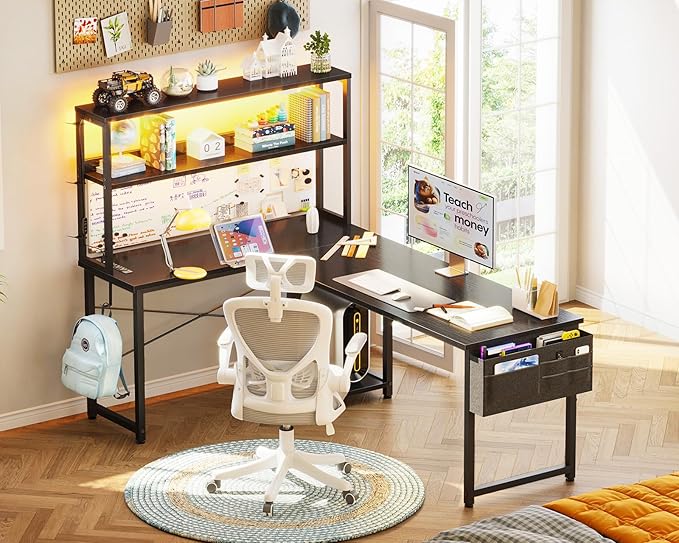 AODK L Shaped Desk Gaming Desk with LED Light &amp Power Outlet 61 Inch Reversible L Shaped Computer Table with Shelf &amp Storage Bag &amp Hook for Home Office Black