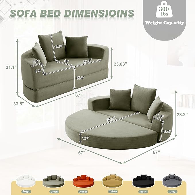 TTK 67” Oversized Round Sofa Bed 2 in 1 Convertible Circle Bed Folding Futon Lazy Floor Round Chaise Lounge Chair Comfy Corduroy Boneless Loveseat Couch for Living Room Apartment No Assembly (Green)