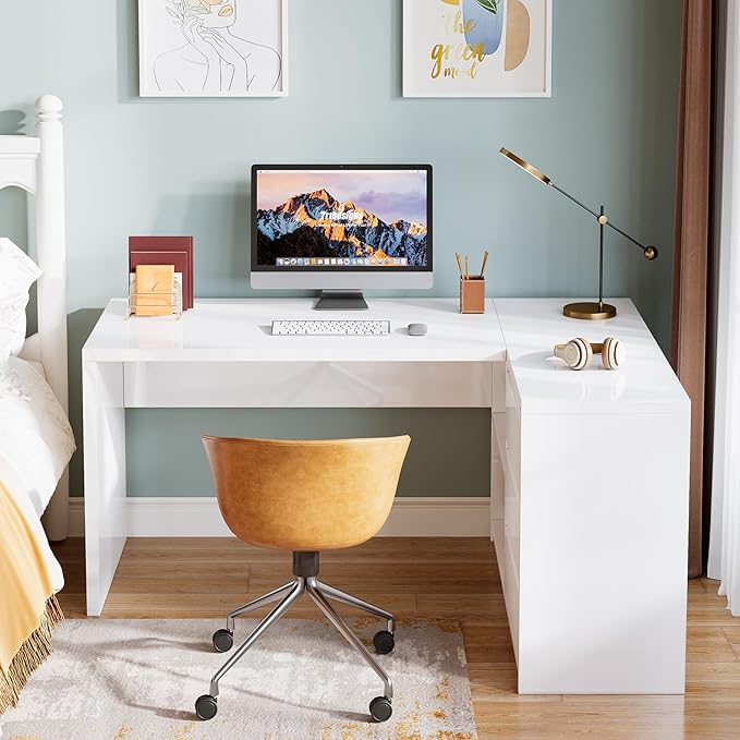 Tribesigns White L-Shaped Computer Desk with 3 Drawers 55-Inch Modern Gloss Corner Home Office Executive Desk with LED Lights and 2 Storage Shelves for Work Study Writing