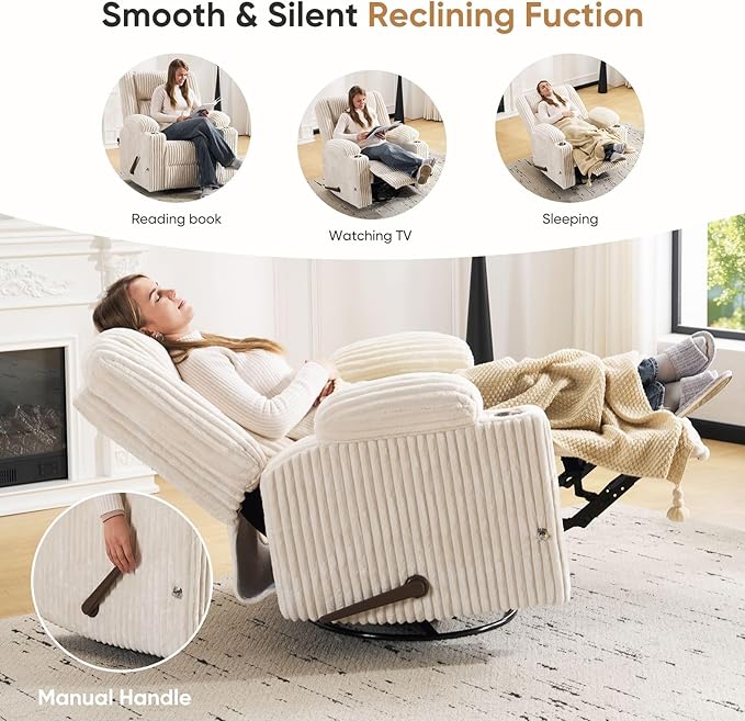Oversized Manual Recliner Chair with Arm StorageSwivel Rocker Recliner Chair for Adults with Adjustable HeadrestNursery Glider Recliner with Phone Stand and Side Pockets for Living RoomBeige