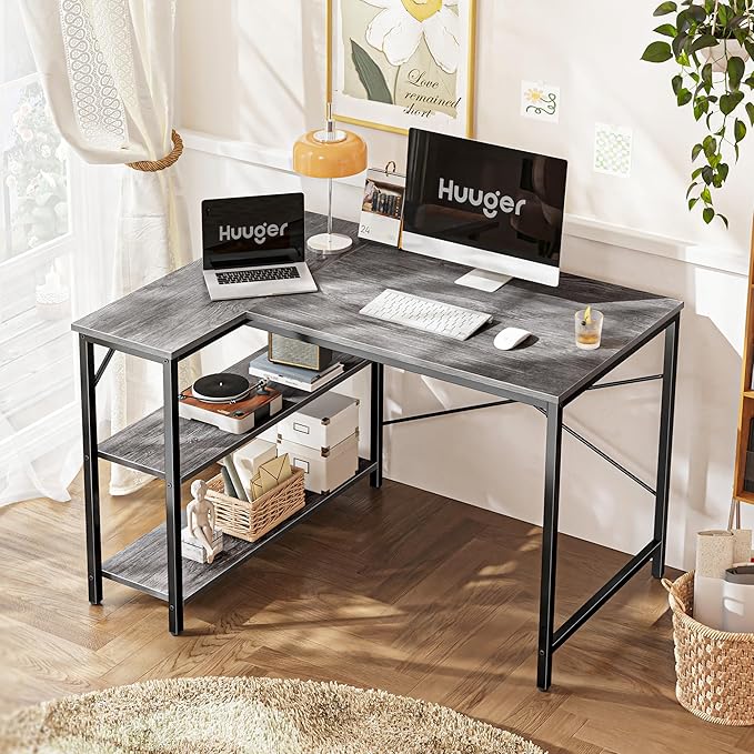 Huuger L Shaped Desk 39 Inches Computer Desk with Reversible Storage Shelves for Gaming Corner Home Office Writing Study Metal Frame Gray