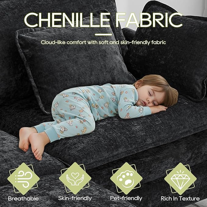 113 Chenille Modular Sectional Sofa Convertible L Shaped Modular Sofa Comfy Cloud Couch with Ottoman Side Pockets and 5 Throw Pillows for Living Room (Black 113'' - 4 Seat)