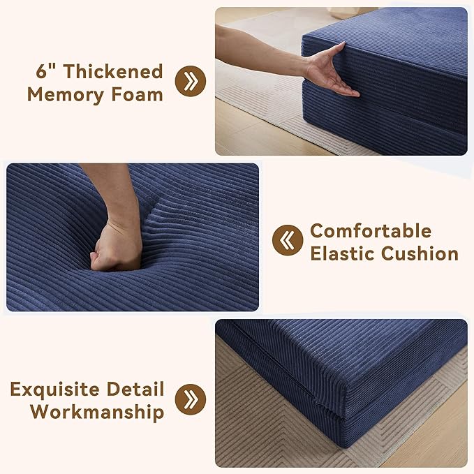 Folding Sofa Bed Convertible Floor Couch Foldable Chair Bed with PillowLinen Sleeper Chair FutonFoldable Memory Foam Mattress for Bedroom/Living Room/Dorm/Office (Corduroy Navy Standard)