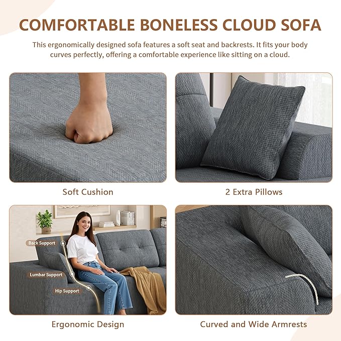 Ball &amp Cast 106 Modular Sectional SofaCloud Chenille Couch with Deep SeatBoneless L-Shaped SectionalModern Comfort Upholstered Sofa for Living RoomNo Assembly Required (Gray Right Facing Cha