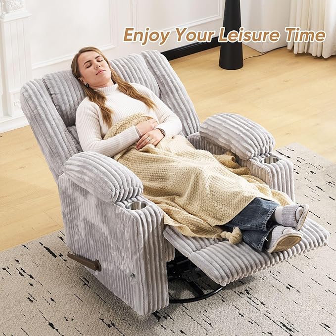 Oversized Manual Recliner Chair with Arm StorageSwivel Rocker Recliner Chair for Adults with Adjustable HeadrestNursery Glider Recliner with Phone Stand and Side Pockets for Living RoomLight Grey