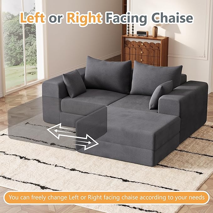 Modern Small Boneless Couch Convertible Modular Sectional Sleeper Sofa Bed Corduroy Memory Foam Cozy Modular Cloud Couch L-Shaped Cloud Sofa for Living Room No Assembly Grey