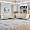 2 Piece Modern Beige Velvet 80 3-Seater Sofa Sets Upholstered Tufted Backrests with 8 Rolled Nailhead Arms Combination Couch with 4 Pillows for Living Room