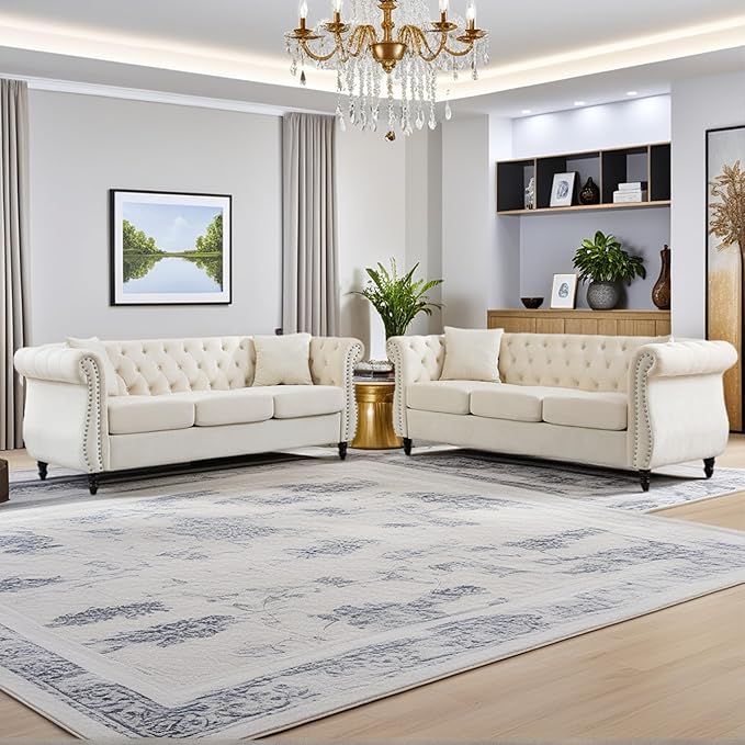 2 Piece Modern Beige Velvet 80 3-Seater Sofa Sets Upholstered Tufted Backrests with 8 Rolled Nailhead Arms Combination Couch with 4 Pillows for Living Room