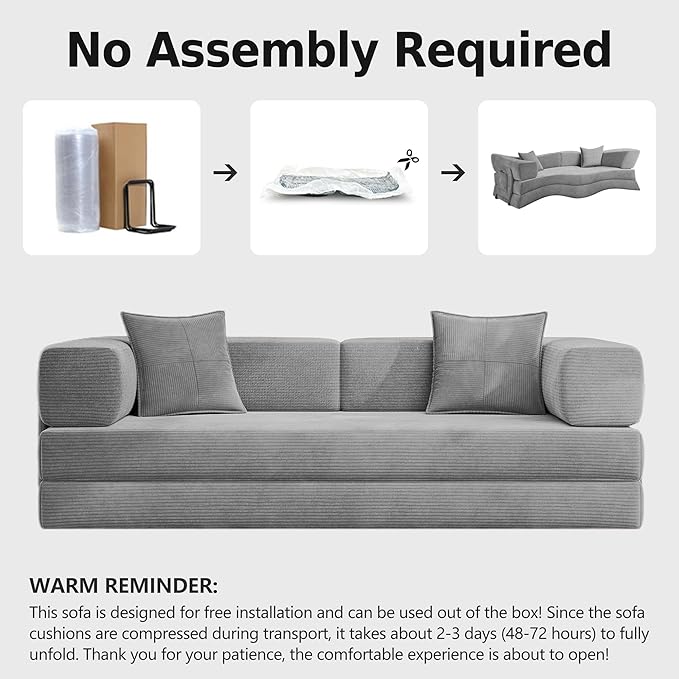 98.4'' Boneless Sleeper Sofa BedConvertible Futon Couch with Storage Pocket and 2 PillowsModular Corduroy Sofa for livingroomSmall speaceGray