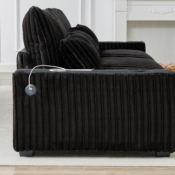 Yoglad 128'' L Shaped Modular Sectional Sofa Cozy Oversized Corduroy Couch with Cup Holders and Charging Port 4-Seater Sofa with Ottoman for Livingroom Apartment Office (Black)