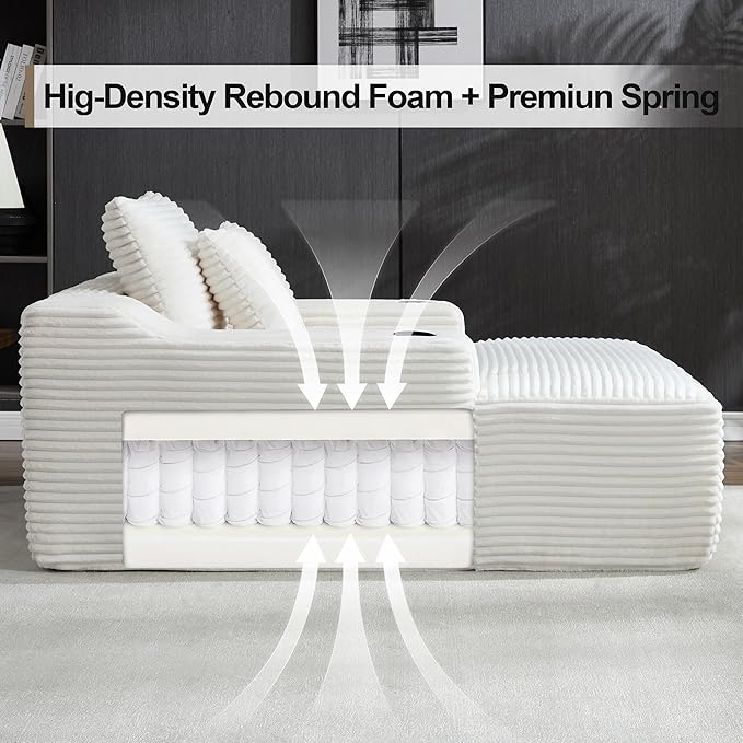 Chaise Lounge Chair Indoor Cloud Sofa Bed with Cup Holders Corduroy Upholstered Couch with 17.71 Seat High Lazy Sofa Bed for Living Room Apart Fully Assembled - White