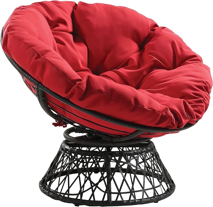 OSP Home Furnishings Wicker Papasan Chair with 360-Degree Swivel Grey Frame with Red Cushion