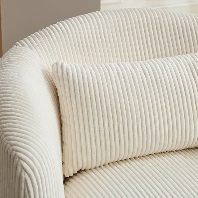 34.25 Swivel Barrel Chair Round Accent Barrel Chair Modern Wide Armchair Upholstered Corduroy Lounge Comfortable Sitting Single Seat Rotating Base for Living Room Office Chair Ivory