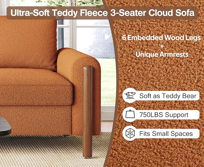 Merax 83.86 3-Seater Sofa Curved Armrest with Integrated Solid Wood Legs Teddy Velvet Fabric High Weight Capacity (250 lbs/seat) Durable Solid Wood Frame Orange