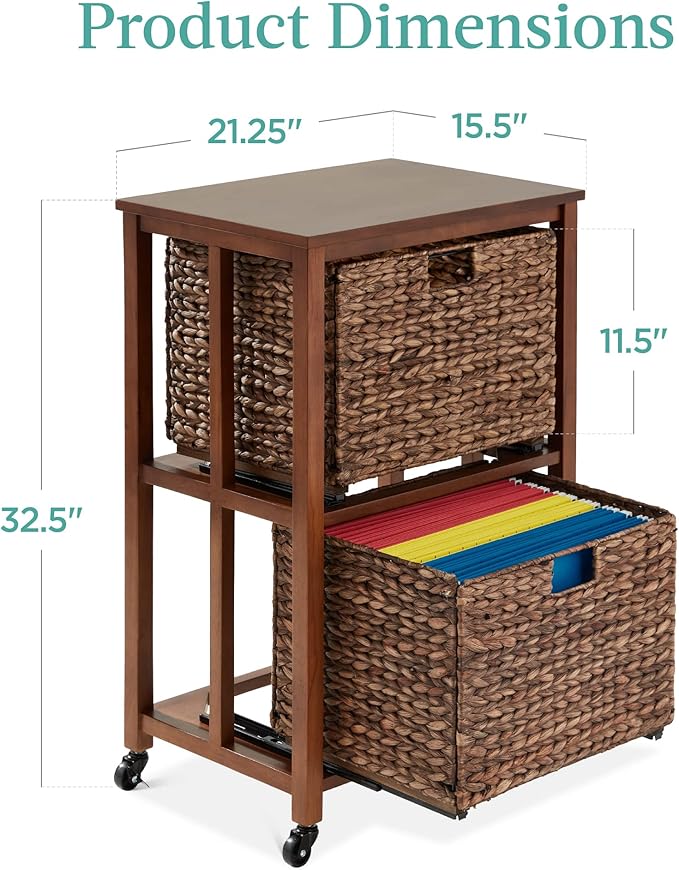 Best Choice Products Vertical Rolling File Cabinet Multipurpose Portable Water Hyacinth Basket Organizer for Home Office Workspace w/Rubberwood Frame Metal Sliders Locking Caster Wheels - Mocha