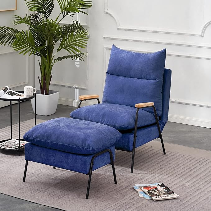 MCombo Accent Recliner Chair with Ottoman Modern Fabric Armchair Upholstered Sofa Bed for Living Room Bedroom Small Space 4055 (Black Frame Blue)