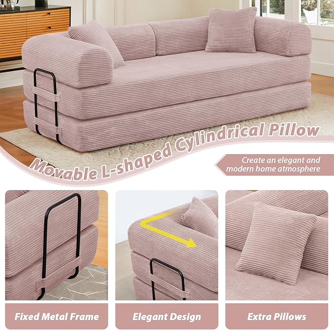 78 Convertible Sleeper Sofa Bed with Cylindrical Pillow Corduroy Folding Mattress Couch with Fixed Frame Floor Sofa Lounge Couch for Living Room Bedroom Apartment Pink