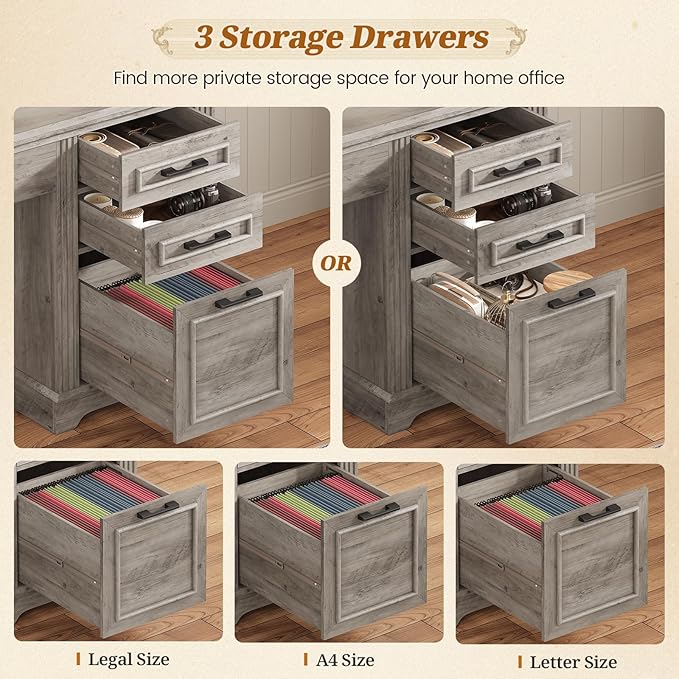 SEDETA Office Desk with 3 Drawers 47.2 Executive Computer Desk with Storage Drawers and Hutch Cabinet Wood Farmhouse Desk with Power Outlet for Home Office Grey