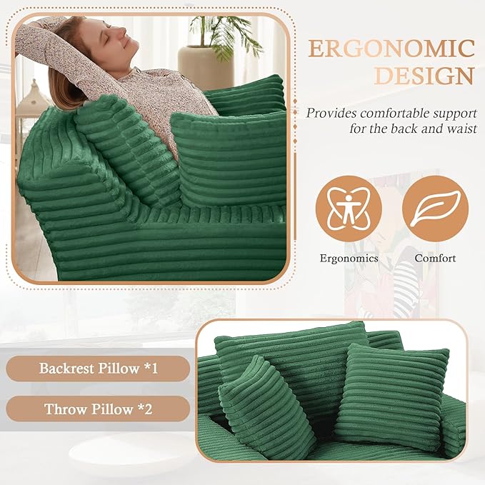 49.2Oversized Chaise Lounge Chair IndoorCorduroy Boneless Reading Chair with 3 PillowsDeep Seat Cloud Sofa BedComfy Modern Sleeper Chairs in Box for Living Room BedroomNo Assembly(Green)