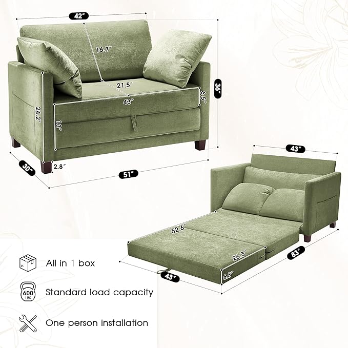 51 Convertible Loveseat Sofa Bed 2-in-1 Folding Sofa Bed with 2 Pillow for Small Spaces Modern Loveseat Compact Sleeper Couch for Apartment Living Room &amp Guest Room (Light Green)