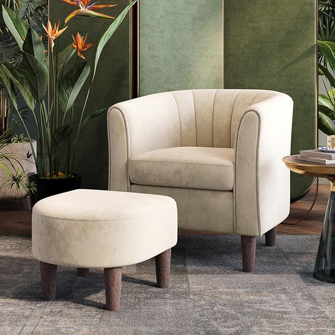 LINSY Small Accent Chair with Ottoman Modern Barrel Chair Comfy Armchair Reading Chair with Footrest Small Round Arms Chair for Living Room Bedroom Reading Room Velvet Beige