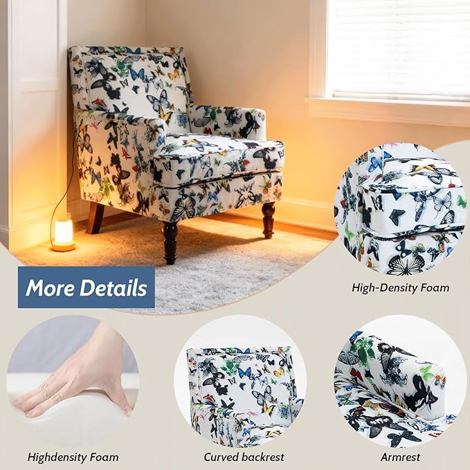 Butterfly Accent Chair Floral Print Armchair for Living Room Bedroom Cute Upholstered Reading Chair for Small Space Cotton Fabric with Solid Rubberwood Legs（Butterfly）